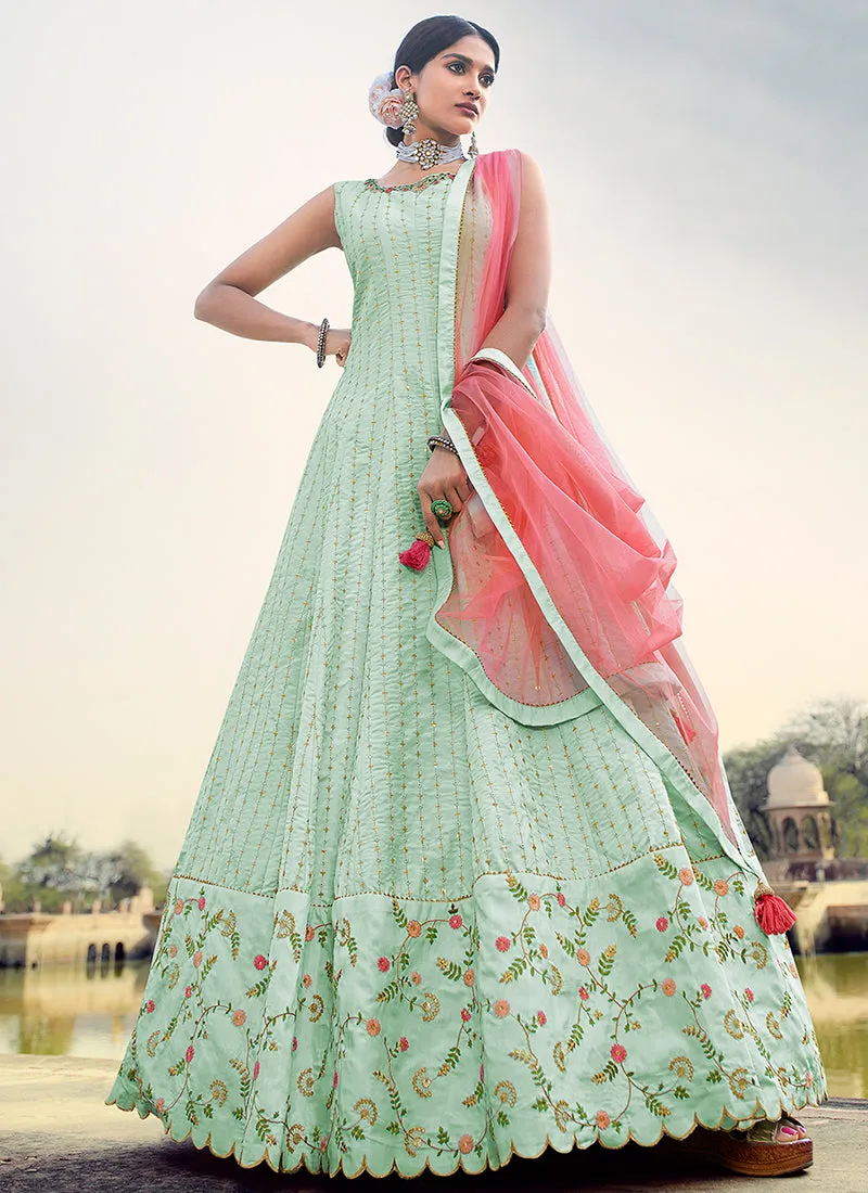 Mint Green And Peach Multi Embroidery Festive Anarkali Gown