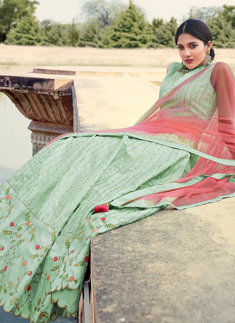 Mint Green And Peach Multi Embroidery Festive Anarkali Gown