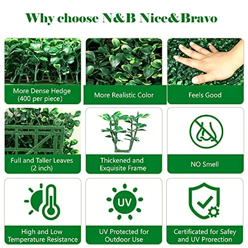 N&B NICE&BRAVO 12 Pieces 20 x 20 inch Grass Wall Artificial Boxwood Panel Privacy Hedge Screen UV Protected Outdoor Indoor Use Garden Fence Backyard Home Decor Pack of Dark Green