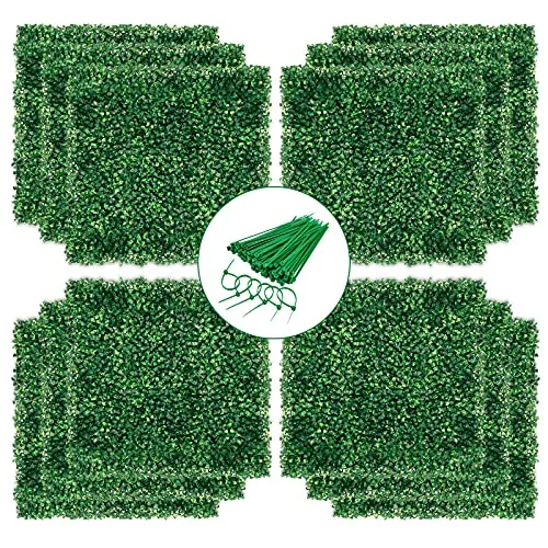 N&B NICE&BRAVO 12 Pieces 20 x 20 inch Grass Wall Artificial Boxwood Panel Privacy Hedge Screen UV Protected Outdoor Indoor Use Garden Fence Backyard Home Decor Pack of Dark Green