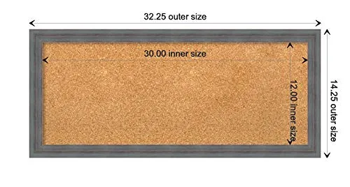 Natural Cork Board (32.25 x 14.25 in.), Dixie Blue Grey Rustic Wood Frame - Bulletin Board, Organization Board, Pin Board - Medium