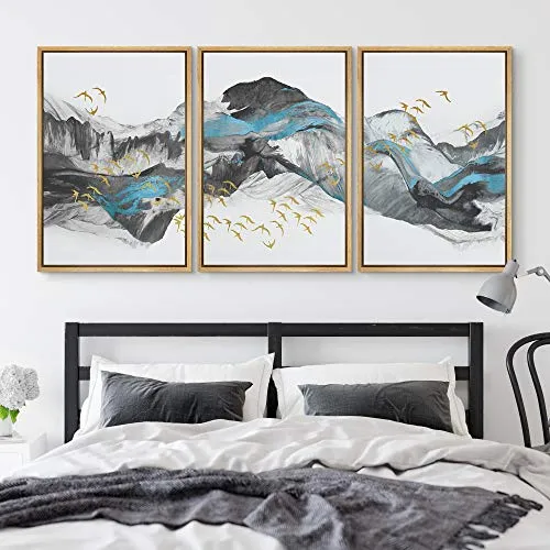 NWT Framed Wall Art Print Set Blue & Black Mountains with Gold Birds Nature Wilderness Illustrations Modern Art Rustic Colorful Pastel for Living Room, Bedroom, Office - 24"x36"x3 Natural