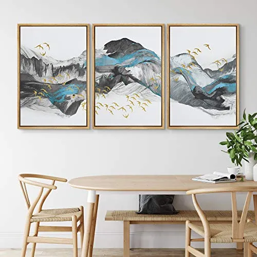 NWT Framed Wall Art Print Set Blue & Black Mountains with Gold Birds Nature Wilderness Illustrations Modern Art Rustic Colorful Pastel for Living Room, Bedroom, Office - 24"x36"x3 Natural