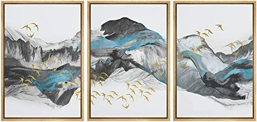 NWT Framed Wall Art Print Set Blue & Black Mountains with Gold Birds Nature Wilderness Illustrations Modern Art Rustic Colorful Pastel for Living Room, Bedroom, Office - 24"x36"x3 Natural