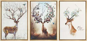 NWT Framed Wall Art Print Set Elk with Flower Antlers & Birds Nature Wilderness Illustrations Modern Art Minimalist Landscape Colorful Pastel for Living Room, Bedroom, Office - 24"x36"x3 Natural