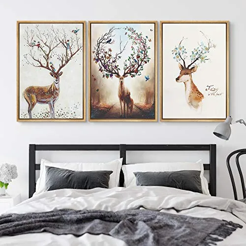 NWT Framed Wall Art Print Set Elk with Flower Antlers & Birds Nature Wilderness Illustrations Modern Art Minimalist Landscape Colorful Pastel for Living Room, Bedroom, Office - 24"x36"x3 Natural