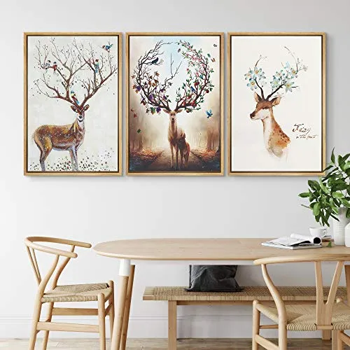 NWT Framed Wall Art Print Set Elk with Flower Antlers & Birds Nature Wilderness Illustrations Modern Art Minimalist Landscape Colorful Pastel for Living Room, Bedroom, Office - 24"x36"x3 Natural