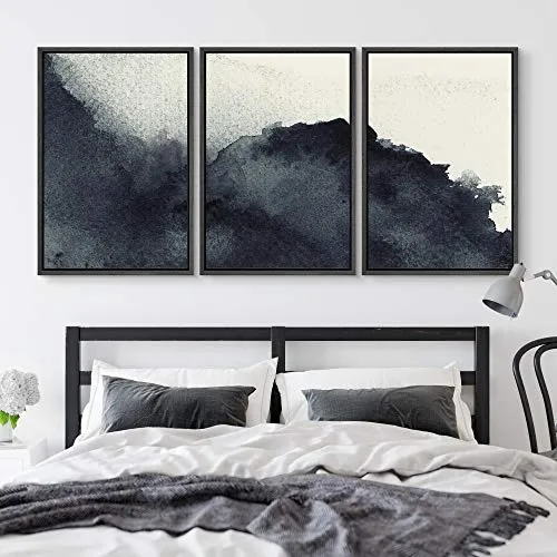 NWT Framed Wall Art Print Set Faded Black Watercolor Dots Abstract Shapes Illustrations Modern Art Bohemian Colorful Pastel for Living Room, Bedroom, Office - 24"x36"x3 Black