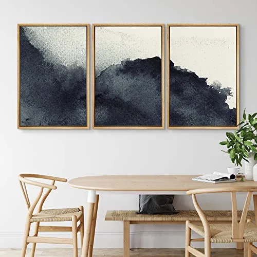 NWT Framed Wall Art Print Set Faded Black Watercolor Dots Abstract Shapes Illustrations Modern Art Bohemian Colorful Pastel for Living Room, Bedroom, Office - 24"x36"x3 Natural