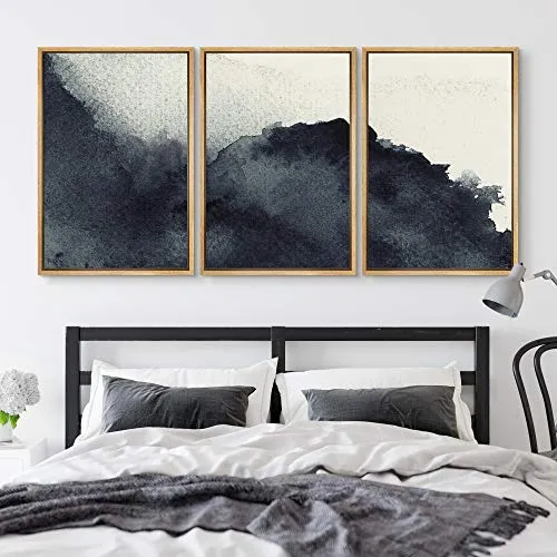 NWT Framed Wall Art Print Set Faded Black Watercolor Dots Abstract Shapes Illustrations Modern Art Bohemian Colorful Pastel for Living Room, Bedroom, Office - 24"x36"x3 Natural