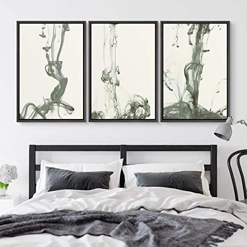 NWT Framed Wall Art Print Set Green Watercolor Smoke Variety Abstract Shapes Illustrations Modern Art Bohemian Colorful Pastel for Living Room, Bedroom, Office - 24"x36"x3 Black