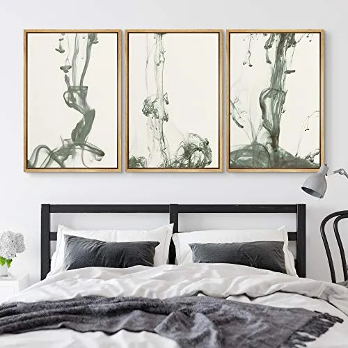 NWT Framed Wall Art Print Set Green Watercolor Smoke Variety Abstract Shapes Illustrations Modern Art Bohemian Colorful Pastel for Living Room, Bedroom, Office - 24"x36"x3 Natural