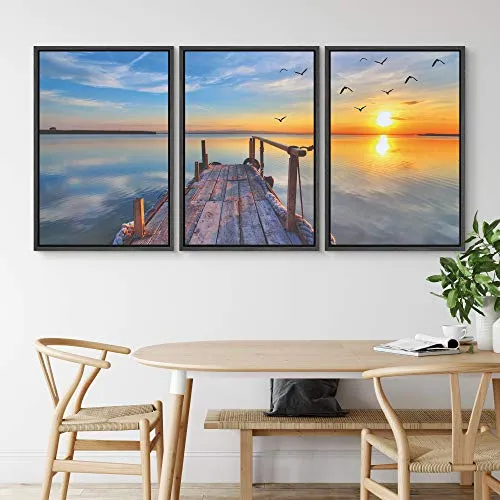 NWT Framed Wall Art Print Set Pier Extends into Sunset Sea Horizon Nature Ocean Photography Modern Art Nautical Landscape Colorful Ultra for Living Room, Bedroom, Office - 24"x36"x3 Black