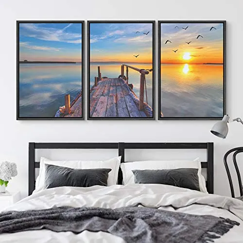 NWT Framed Wall Art Print Set Pier Extends into Sunset Sea Horizon Nature Ocean Photography Modern Art Nautical Landscape Colorful Ultra for Living Room, Bedroom, Office - 24"x36"x3 Black