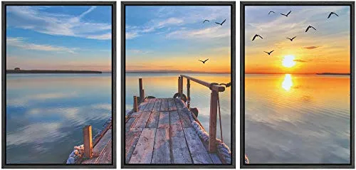 NWT Framed Wall Art Print Set Pier Extends into Sunset Sea Horizon Nature Ocean Photography Modern Art Nautical Landscape Colorful Ultra for Living Room, Bedroom, Office - 24"x36"x3 Black