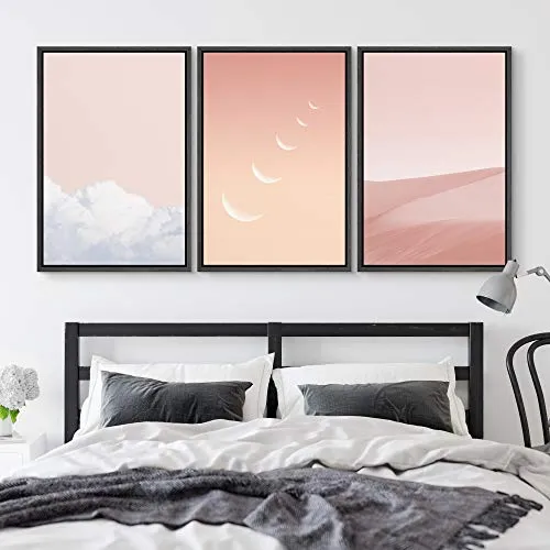 NWT Framed Wall Art Print Set Pink Cloud, Moon & Sand Dune Variety Nature Wilderness Mixed Media Modern Art Minimalist Landscape Colorful Pastel for Living Room, Bedroom, Office - 24"x36"x3 Black