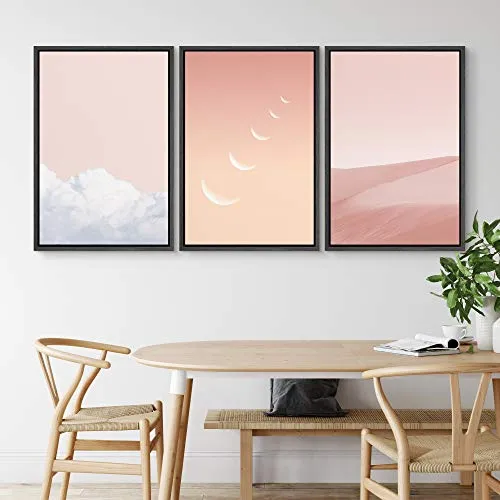 NWT Framed Wall Art Print Set Pink Cloud, Moon & Sand Dune Variety Nature Wilderness Mixed Media Modern Art Minimalist Landscape Colorful Pastel for Living Room, Bedroom, Office - 24"x36"x3 Black