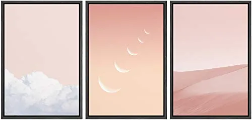 NWT Framed Wall Art Print Set Pink Cloud, Moon & Sand Dune Variety Nature Wilderness Mixed Media Modern Art Minimalist Landscape Colorful Pastel for Living Room, Bedroom, Office - 24"x36"x3 Black