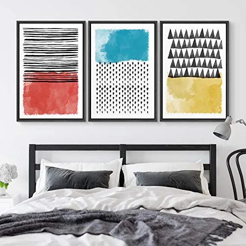 NWT Framed Wall Art Print Set Red, Blue & Yellow Polygon Variety Abstract Shapes Illustrations Modern Art Minimalist Group Colorful for Living Room, Bedroom, Office - 24"x36"x3 Black