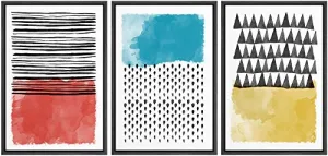 NWT Framed Wall Art Print Set Red, Blue & Yellow Polygon Variety Abstract Shapes Illustrations Modern Art Minimalist Group Colorful for Living Room, Bedroom, Office - 24"x36"x3 Black