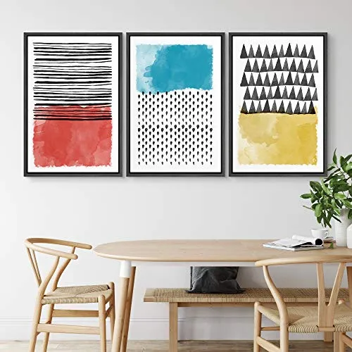 NWT Framed Wall Art Print Set Red, Blue & Yellow Polygon Variety Abstract Shapes Illustrations Modern Art Minimalist Group Colorful for Living Room, Bedroom, Office - 24"x36"x3 Black