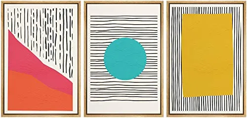 NWT Framed Wall Art Print Set Red, Teal & Yellow Polygons on Dark Stripes Abstract Shapes Illustrations Modern Art Minimalist Group Colorful for Living Room, Bedroom, Office - 24"x36"x3 Natural