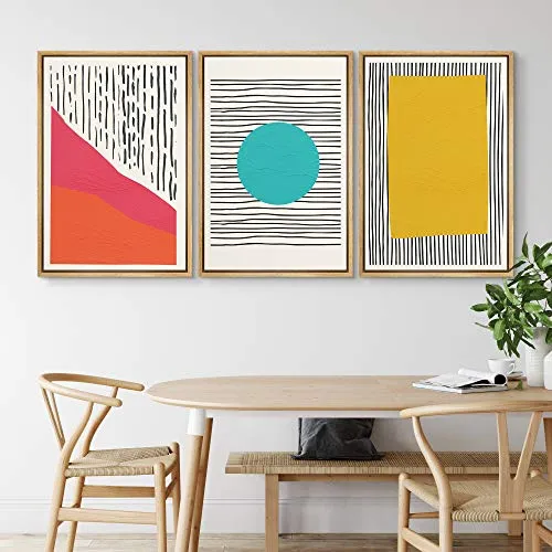 NWT Framed Wall Art Print Set Red, Teal & Yellow Polygons on Dark Stripes Abstract Shapes Illustrations Modern Art Minimalist Group Colorful for Living Room, Bedroom, Office - 24"x36"x3 Natural