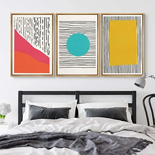 NWT Framed Wall Art Print Set Red, Teal & Yellow Polygons on Dark Stripes Abstract Shapes Illustrations Modern Art Minimalist Group Colorful for Living Room, Bedroom, Office - 24"x36"x3 Natural