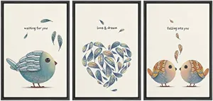 NWT Framed Wall Art Print Set Romantic Blue & Brown Bird Set Animals Wildlife Illustrations Modern Art Rustic Colorful Pastel for Living Room, Bedroom, Office - 24"x36"x3 Black