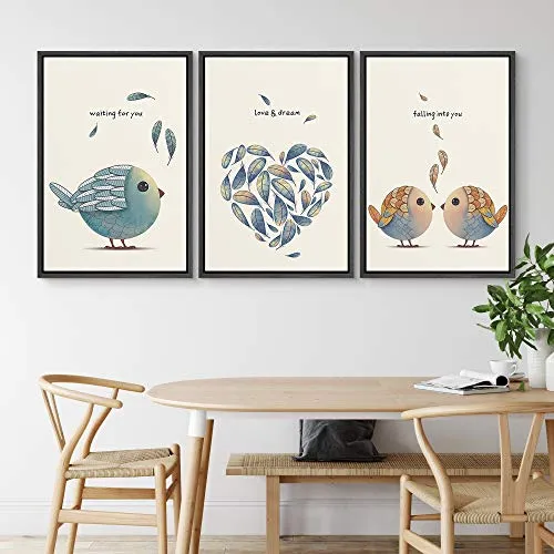 NWT Framed Wall Art Print Set Romantic Blue & Brown Bird Set Animals Wildlife Illustrations Modern Art Rustic Colorful Pastel for Living Room, Bedroom, Office - 24"x36"x3 Black