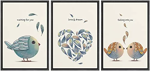 NWT Framed Wall Art Print Set Romantic Blue & Brown Bird Set Animals Wildlife Illustrations Modern Art Rustic Colorful Pastel for Living Room, Bedroom, Office - 24"x36"x3 Black