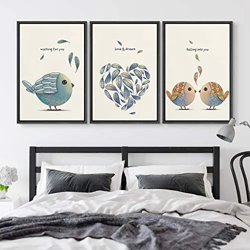 NWT Framed Wall Art Print Set Romantic Blue & Brown Bird Set Animals Wildlife Illustrations Modern Art Rustic Colorful Pastel for Living Room, Bedroom, Office - 24"x36"x3 Black