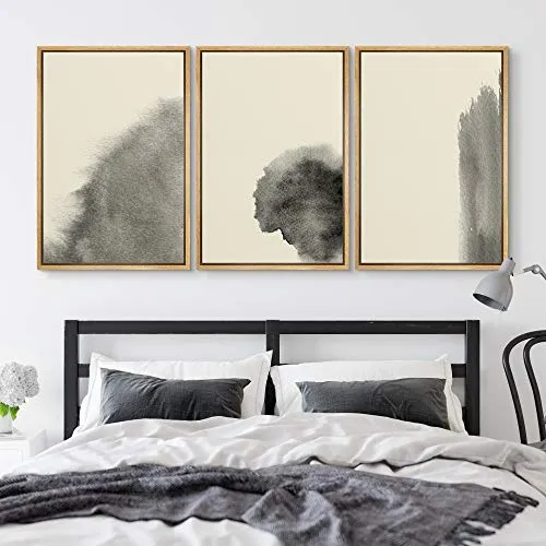 NWT Framed Wall Art Print Set Smoky Faded Black Watercolor Strokes Abstract Shapes Illustrations Modern Art Bohemian Colorful Pastel for Living Room, Bedroom, Office - 24"x36"x3 Natural