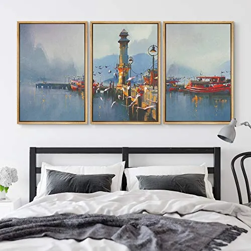 NWT Framed Wall Art Print Set Watercolor Effect Beach Pier & Boat Nature Wilderness Illustrations Modern Art Rustic Colorful Pastel for Living Room, Bedroom, Office - 24"x36"x3 Natural