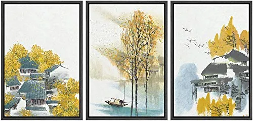 NWT Framed Wall Art Print Set Watercolor Houses with Yellow Autumn Trees Nature Wilderness Illustrations Modern Art Bohemian Scenic Colorful Pastel for Living Room, Bedroom, Office - 24"x36"x3 Black