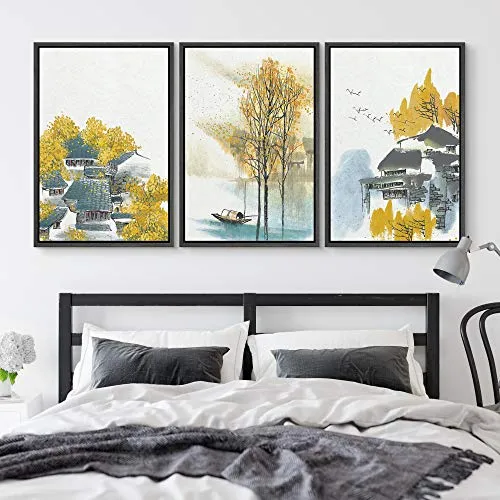 NWT Framed Wall Art Print Set Watercolor Houses with Yellow Autumn Trees Nature Wilderness Illustrations Modern Art Bohemian Scenic Colorful Pastel for Living Room, Bedroom, Office - 24"x36"x3 Black