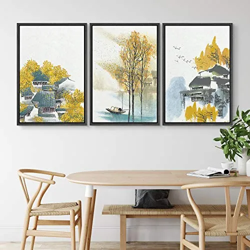 NWT Framed Wall Art Print Set Watercolor Houses with Yellow Autumn Trees Nature Wilderness Illustrations Modern Art Bohemian Scenic Colorful Pastel for Living Room, Bedroom, Office - 24"x36"x3 Black