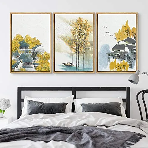 NWT Framed Wall Art Print Set Watercolor Houses with Yellow Autumn Trees Nature Wilderness Illustrations Modern Art Bohemian Scenic Colorful Pastel for Living Room, Bedroom, Office - 24"x36"x3 NATURAL