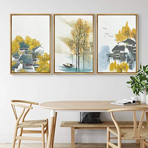 NWT Framed Wall Art Print Set Watercolor Houses with Yellow Autumn Trees Nature Wilderness Illustrations Modern Art Bohemian Scenic Colorful Pastel for Living Room, Bedroom, Office - 24"x36"x3 NATURAL