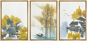 NWT Framed Wall Art Print Set Watercolor Houses with Yellow Autumn Trees Nature Wilderness Illustrations Modern Art Bohemian Scenic Colorful Pastel for Living Room, Bedroom, Office - 24"x36"x3 NATURAL