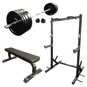 Package Deal 23 - Half Rack, Flat Bench, 20kg Olympic Bar, 100kg Budget Black Bumper Plate Set (PACKAGE PRICE)