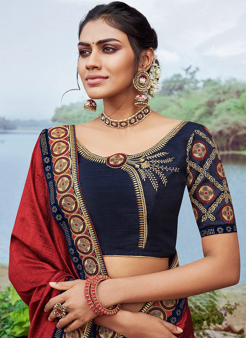 Red And Black Multi Embroidered Saree