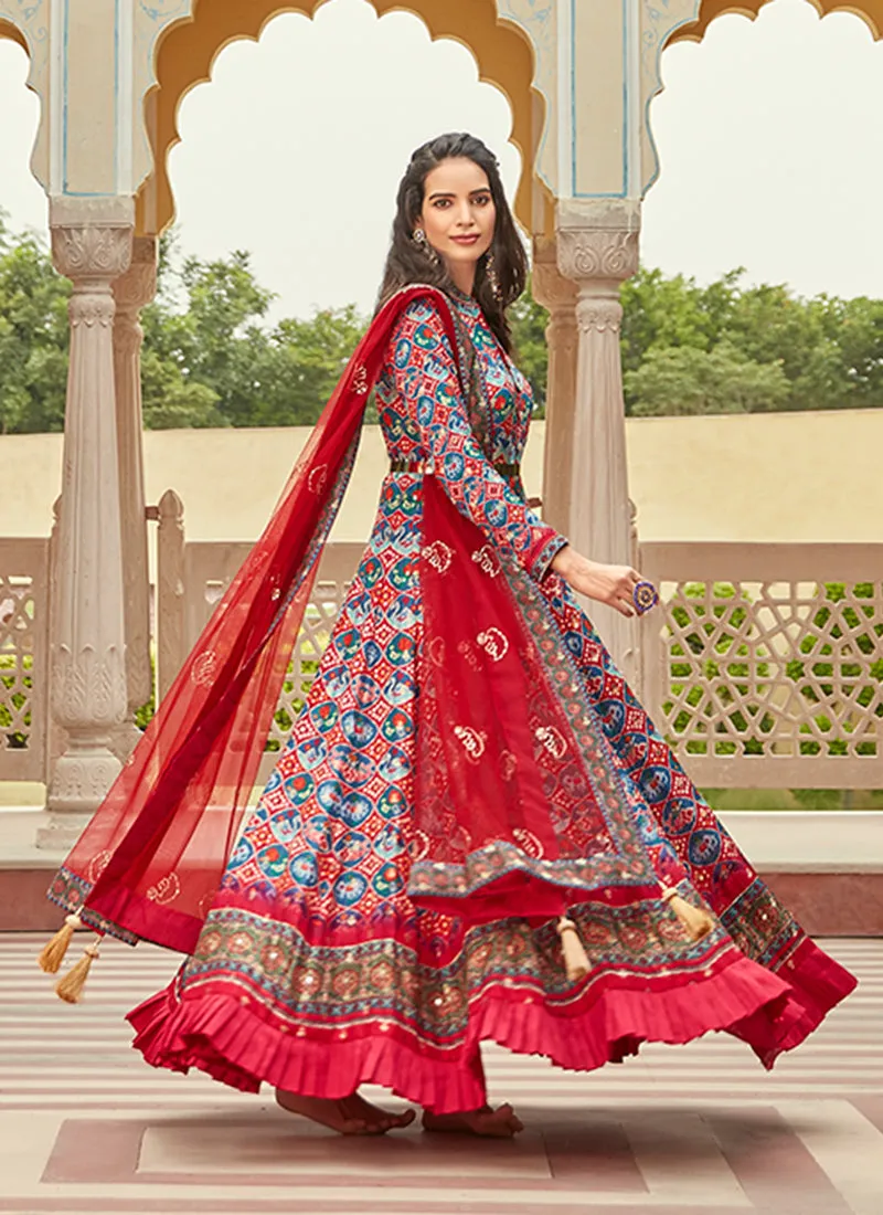 Red And Blue Ikat Prints And Embroidered Silk Anarkali Gown