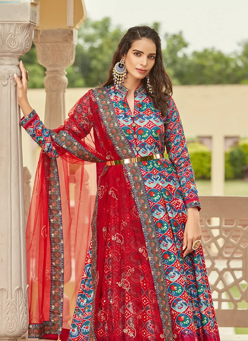 Red And Blue Ikat Prints And Embroidered Silk Anarkali Gown