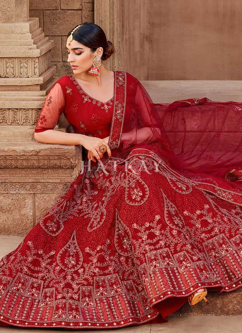 Red Zari And Mirror Embroidered Lehenga Choli