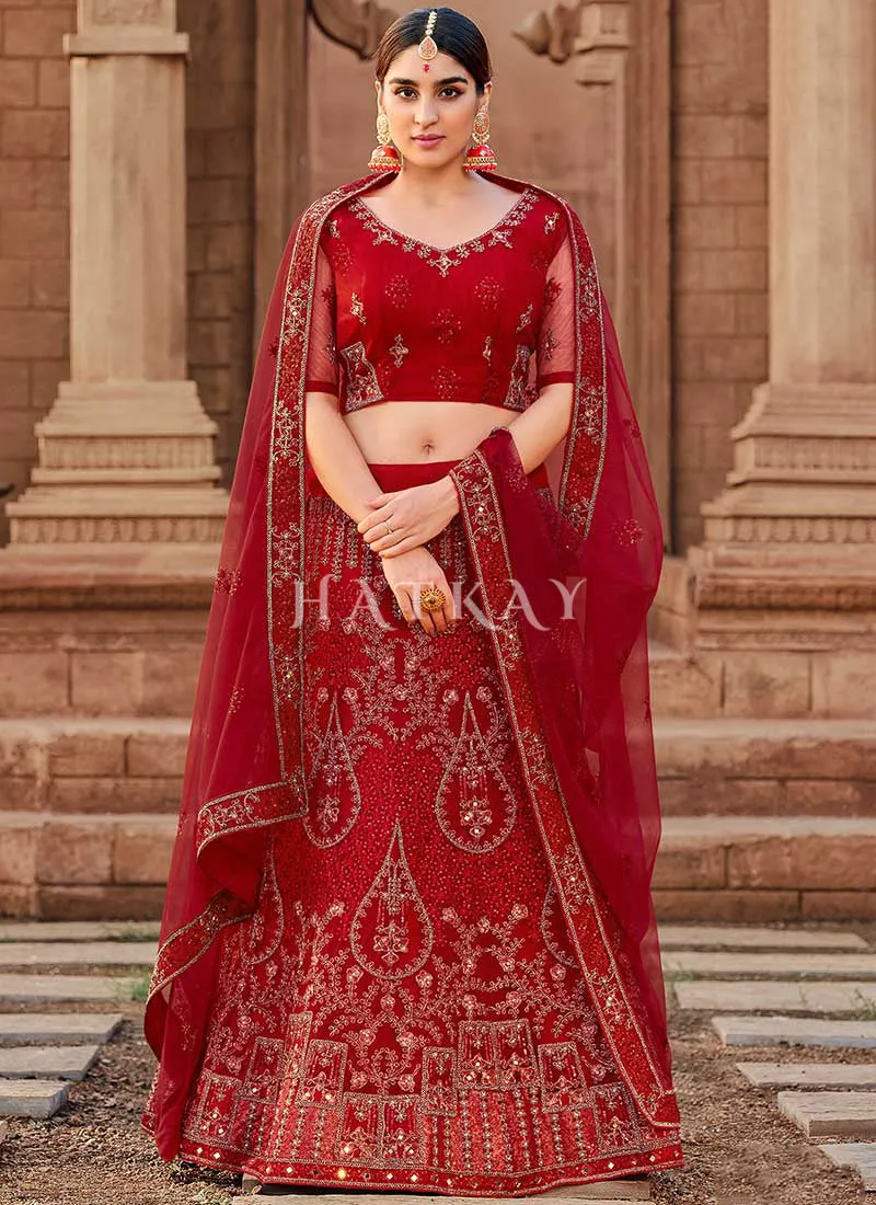 Red Zari And Mirror Embroidered Lehenga Choli