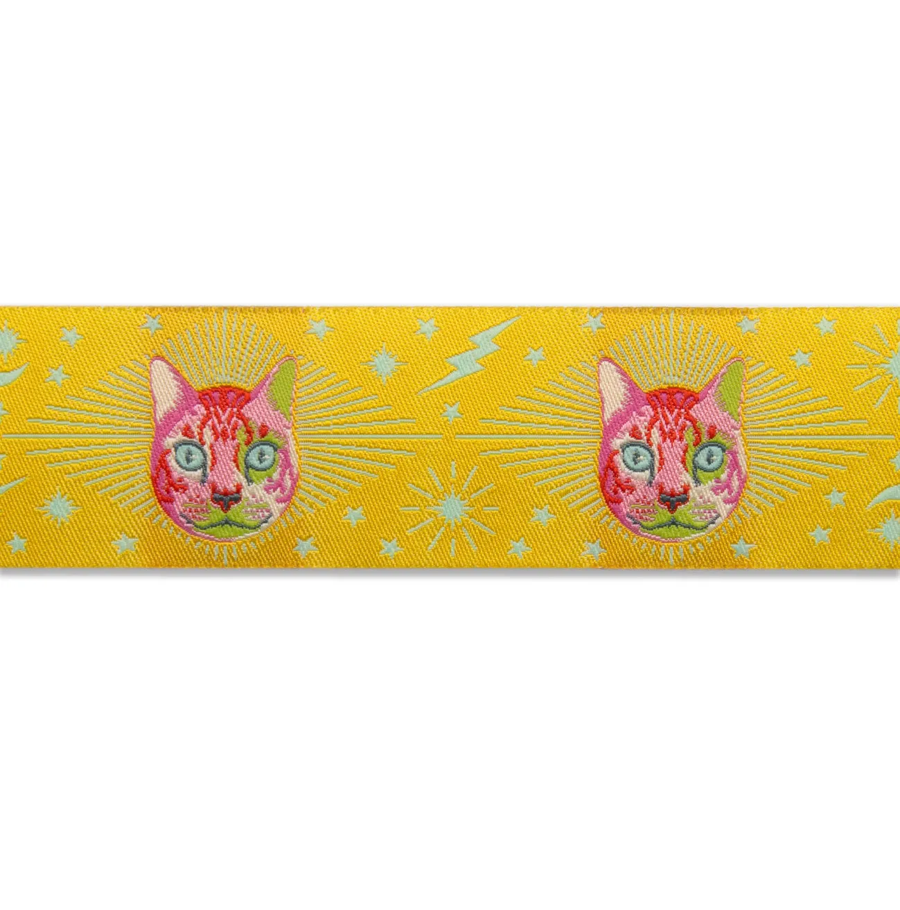 RENAISSANCE RIBBONS - TULA PINK CURIOSER AND CURIOSER - CHESHIRE CAT ON YELLOW