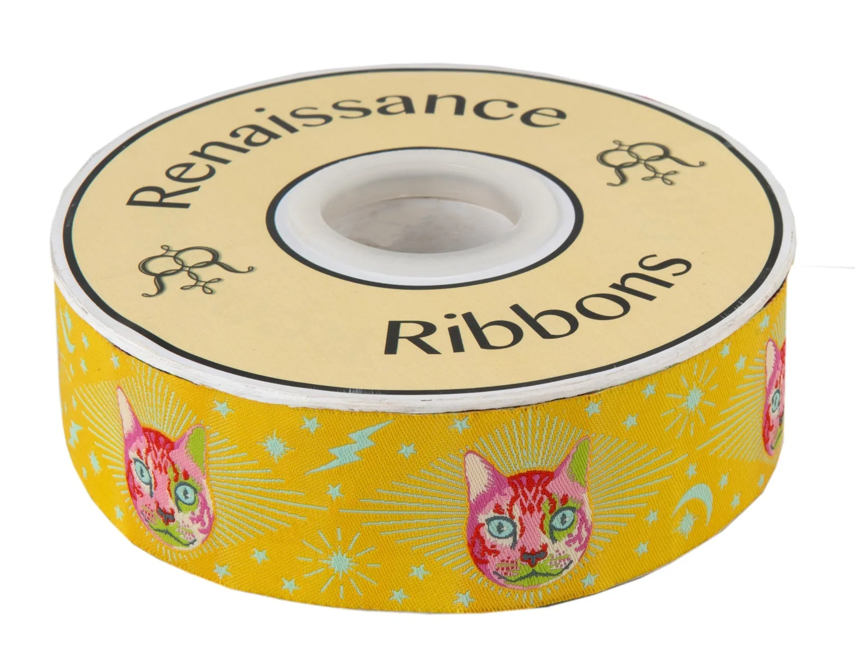 RENAISSANCE RIBBONS - TULA PINK CURIOSER AND CURIOSER - CHESHIRE CAT ON YELLOW