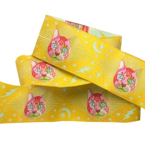 RENAISSANCE RIBBONS - TULA PINK CURIOSER AND CURIOSER - CHESHIRE CAT ON YELLOW