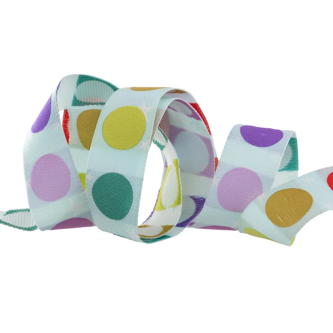 RENAISSANCE RIBBONS - Tula Pink - Tabby Road DejaVu, Disco Dot - Blue/Multi 3/8in wide